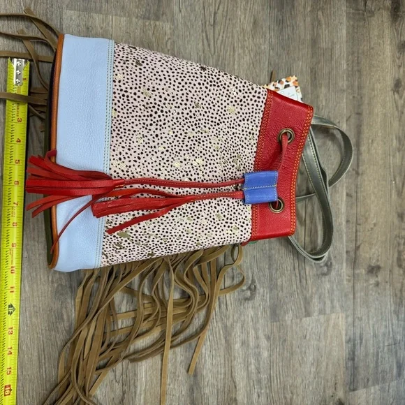 Folklore Red and Green Bucket Bag with Fringe NWT - Picture 2 of 4